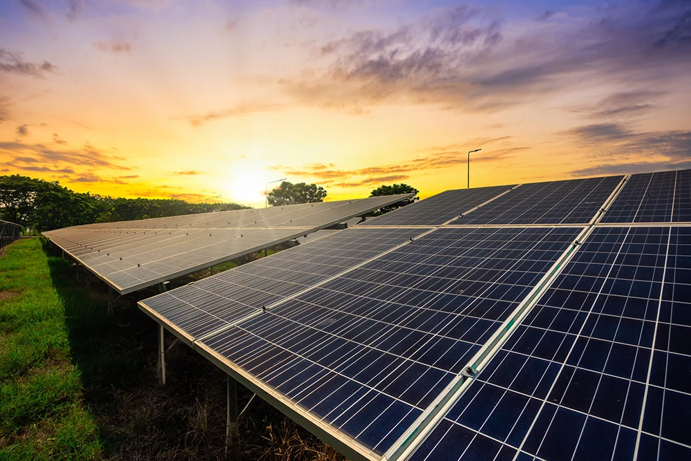solar panel cell dramatic sunset sky background clean alternative power energy concept